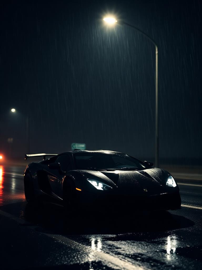 Black sports car at night